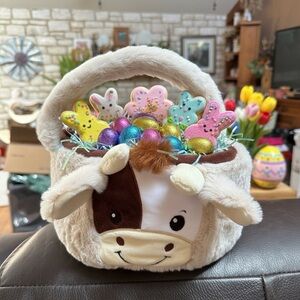 Plush Cow Easter Basket with Colorful Eggs